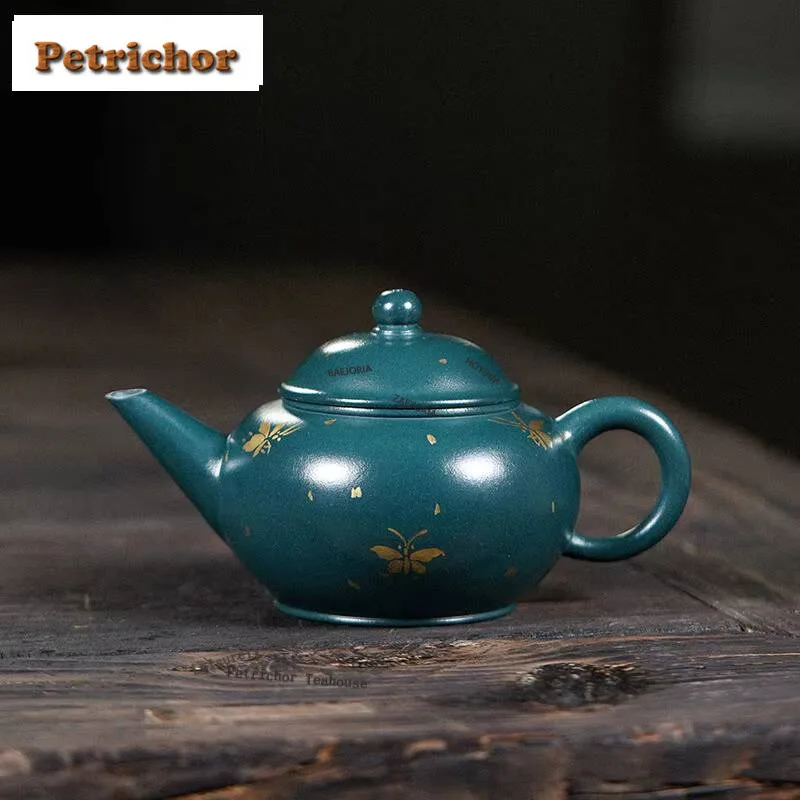 150Ml Yixing Purple Clay Teapots Handmade Level Gold Drawing Pot Raw Ore Green Mud Tea Maker Kettle With Strainer Zisha Set