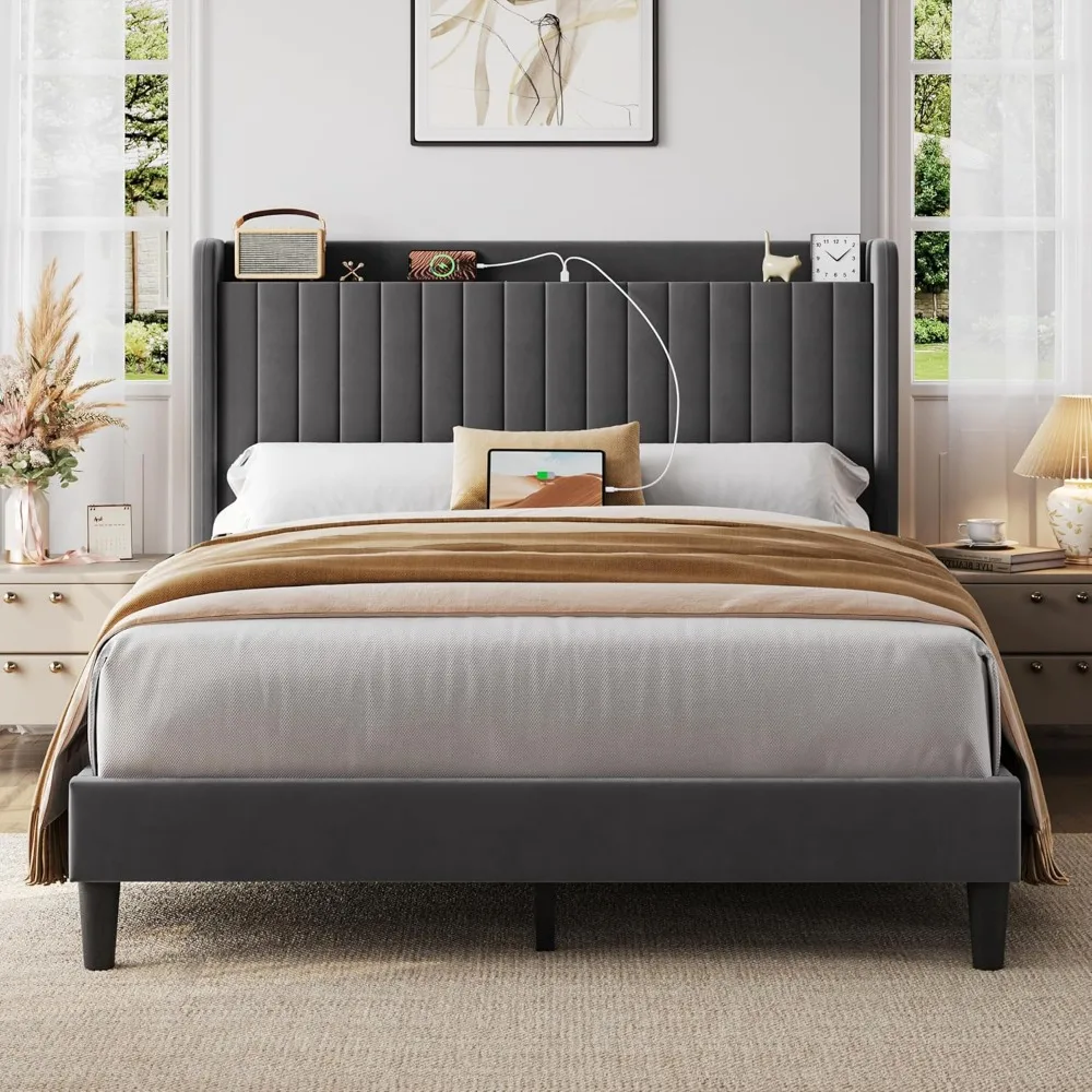 

Queen Bed Frame with Headboard, Upholstered Headboard with Charing Station and Storage Shelf, Platform Bed Frame, No Bpring