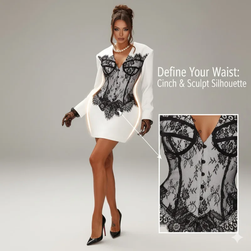 

Elegant Women's White Mini Dress Black Lace Accents Long Sleeves Deep V Neck Styling Autumn Parties Dinners And Chic Occasions