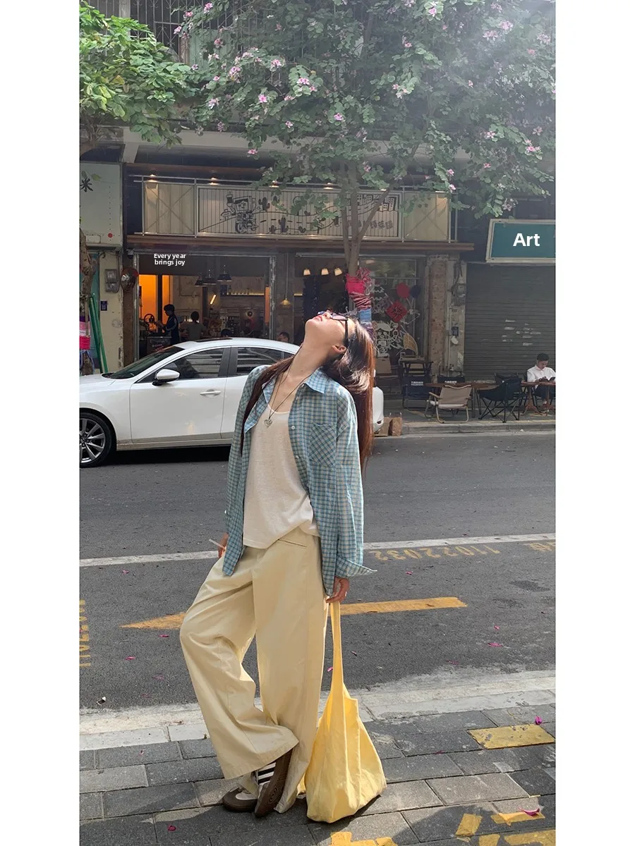 블루 체크 셔츠 여성용 독특한 스타일 2025 신상 트렌디 최고급 폴리에스터 섬유 긴팔 폴로 칼라 미디 길이 버튼 클로저