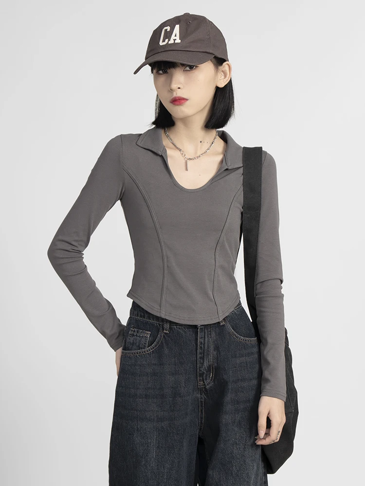 LongSleeve T-shirt Women's Cotton Dark Gray Irregular Fishbone Spring Autumn Short Slim Fit PoloCollar Top Inner Bottoming Shirt