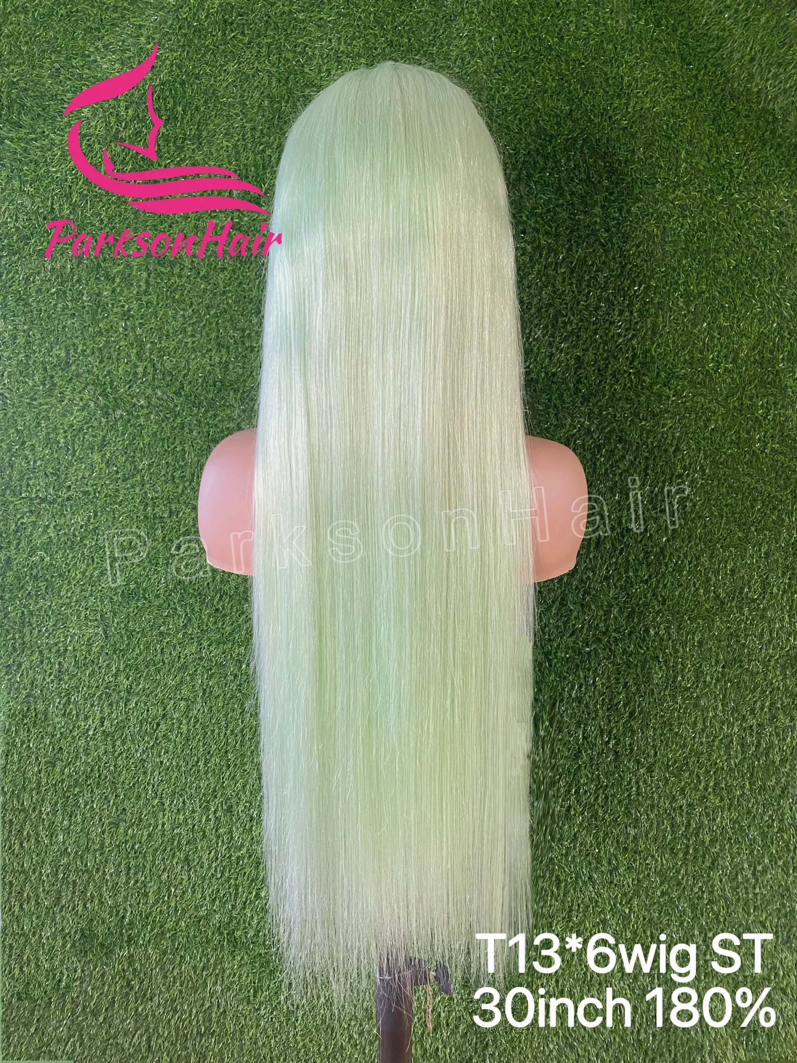 Wig Rambut Asli Manusia Hijau Muda 13x6 dengan Lace Frontal, Pre-Plucking, Lurus, Warna Mint Green, 250% Density, Wig Lace Front untuk Wanita