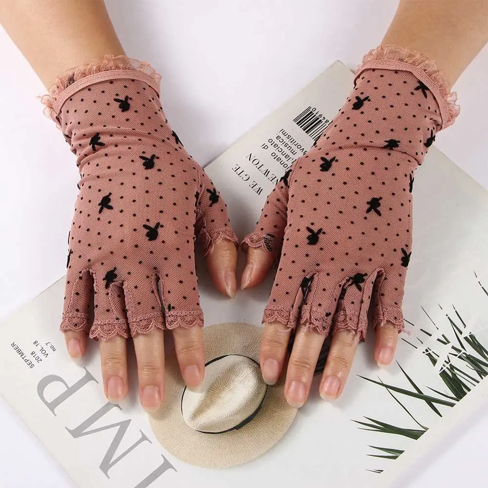 薄いゴシックレディースドットメッシュ中空ドライビンググローブ指なしミトンレース手袋ウサギの頭のパターン