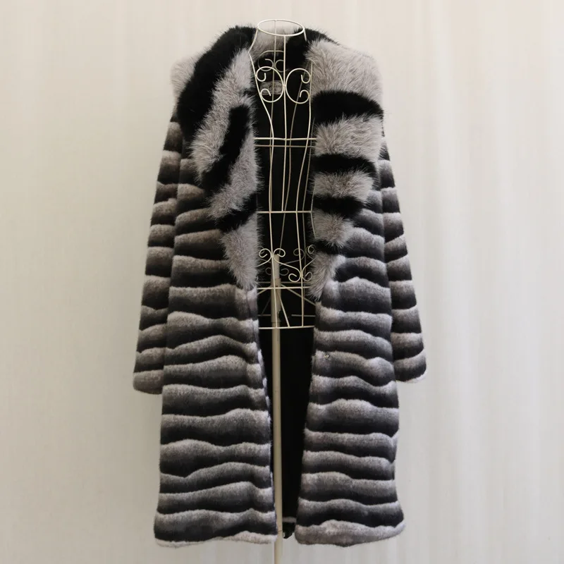 

Faux Fur Long Coats Women Striped Turn Down Collar Coat Thick Warm Outerwear Streetwear Overcoat Open Stitch Autumn Winter