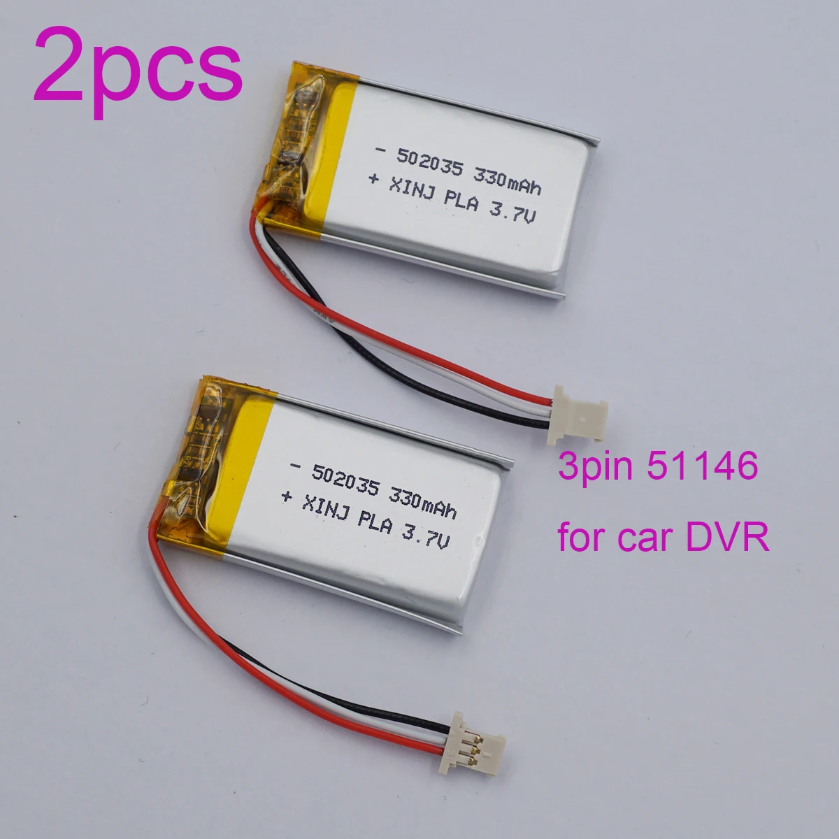 2PCS 3.7V 330mAh 1.22Wh Li-Polymer Lithium Li Battery 3-Wire JST 3pin 51146 Connector 502035 For for Car DVR Gamera Dash Cam