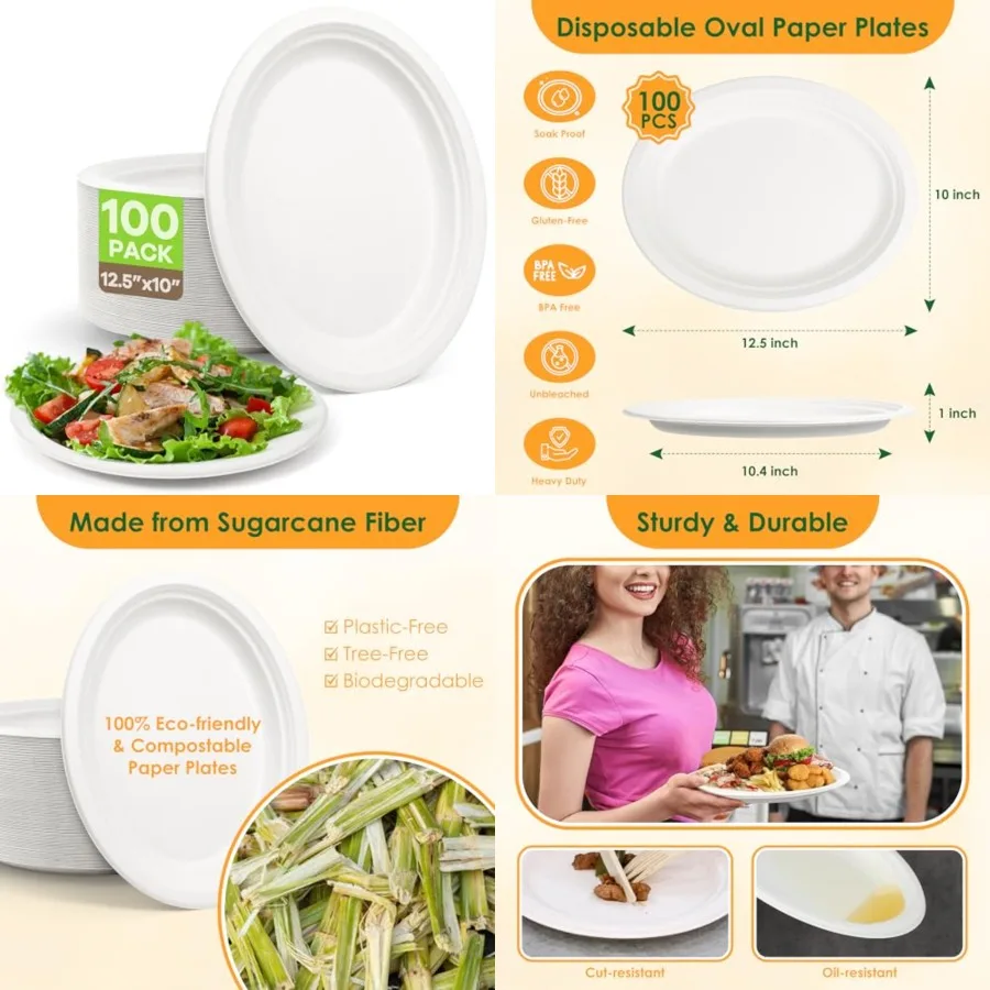 

Disposable Oval Paper Plates, 100Pack 12.5inch Biodegradable Large, Compostable Heavy Duty Bagasse Platters Eco-Friendly Sugarc