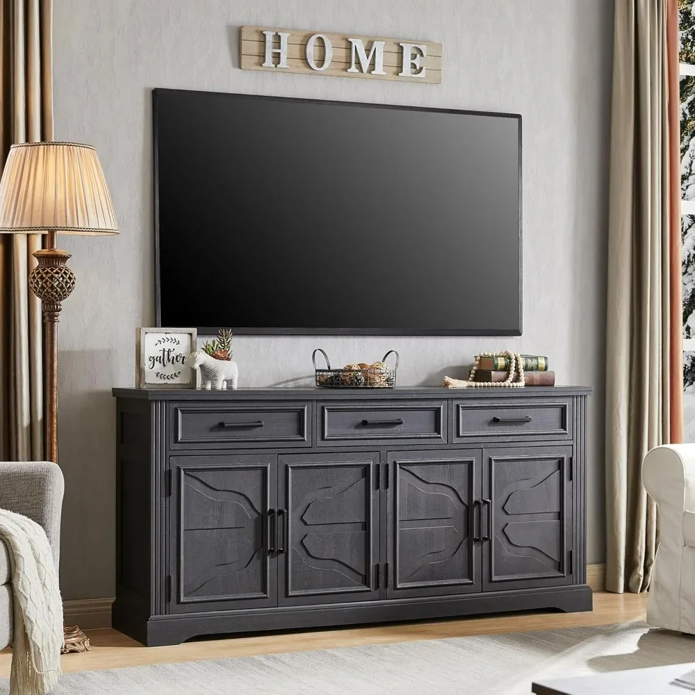 TV cabinet suitable for maximum 75 inch TV, with 4 doors and 3 drawers, suitable for living room, black