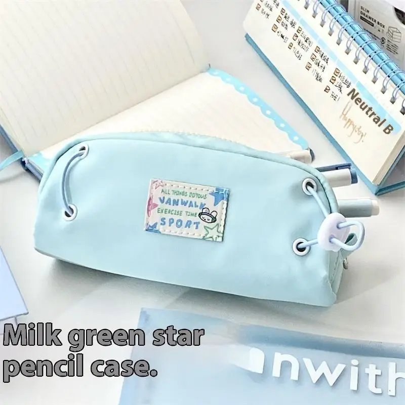Simple Blue Drawstring Pencil Case Zipper Large Capacity Portable Student Pencil Case Stationery Storage Bag School Supplies