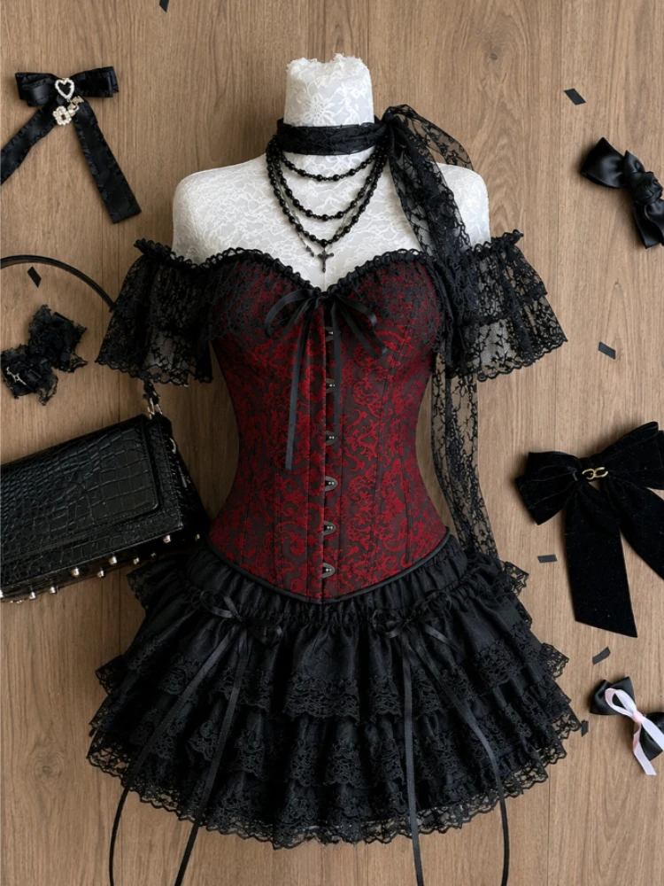 Japanese Kawaii Preppy Sweet Two Piece Suit For Women Lace Splice Bow Blouses Y2k Plaid Short Skirt New Trendy Matching Outfits view 4