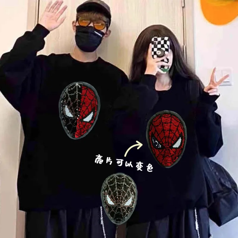 Marvel Spider-Man Autumn and Winter Long-sleeved Round Neck Two-color Face-changing Sequin Sweatshirt Plus Velvet To Keep Warm