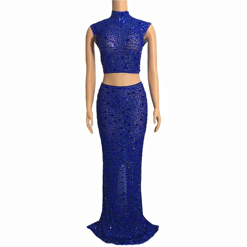 

Two Pieces Set Dress Sexy Transparent Celebrate Evening Prom Gown Birthday Dress for Women Sparkly Full Rhinestones Top Skirt