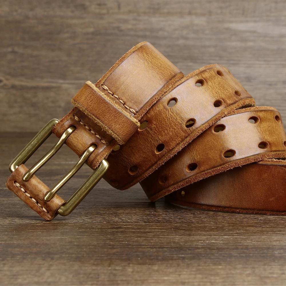 Belt For Men Leather Work Heavy Duty Double Buckles Dlawed Genuine Leather 3.8cm Male Copper Buckle Retro Brown  Men\'s Belt