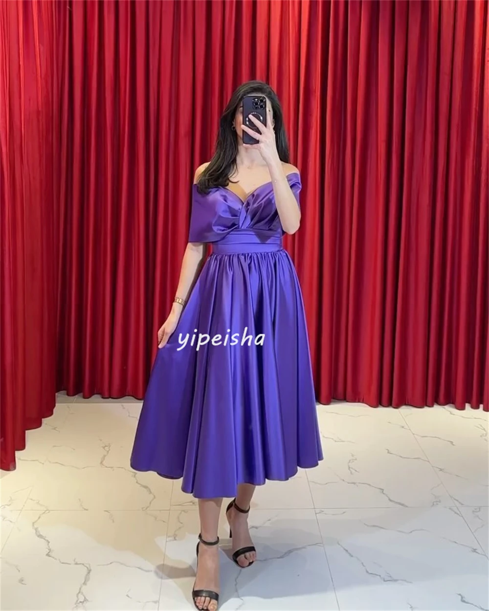 Customized Exquisite Satin Criss-Cross Pleat Ruched A-line Sweetheart Midi Dresses Quinceanera Dresses Fashion Elegant High Qual