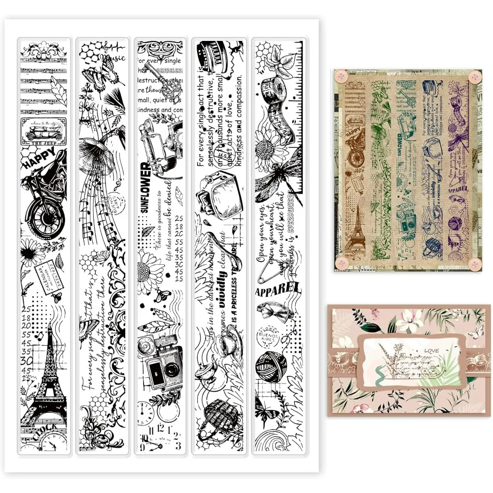 Vintage Background Clear Stamps - The Tower Camera Ink Flowers Music Notes Silicone Rubber Transparent Seal Stamps for Card