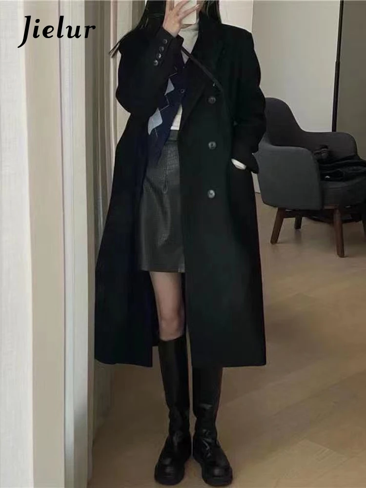 

Jielur Winter New Korean Black Slim Classic Fashion Loose Trench Woman Solid Color Basic Simple Casual Long Sleeve Female Trench