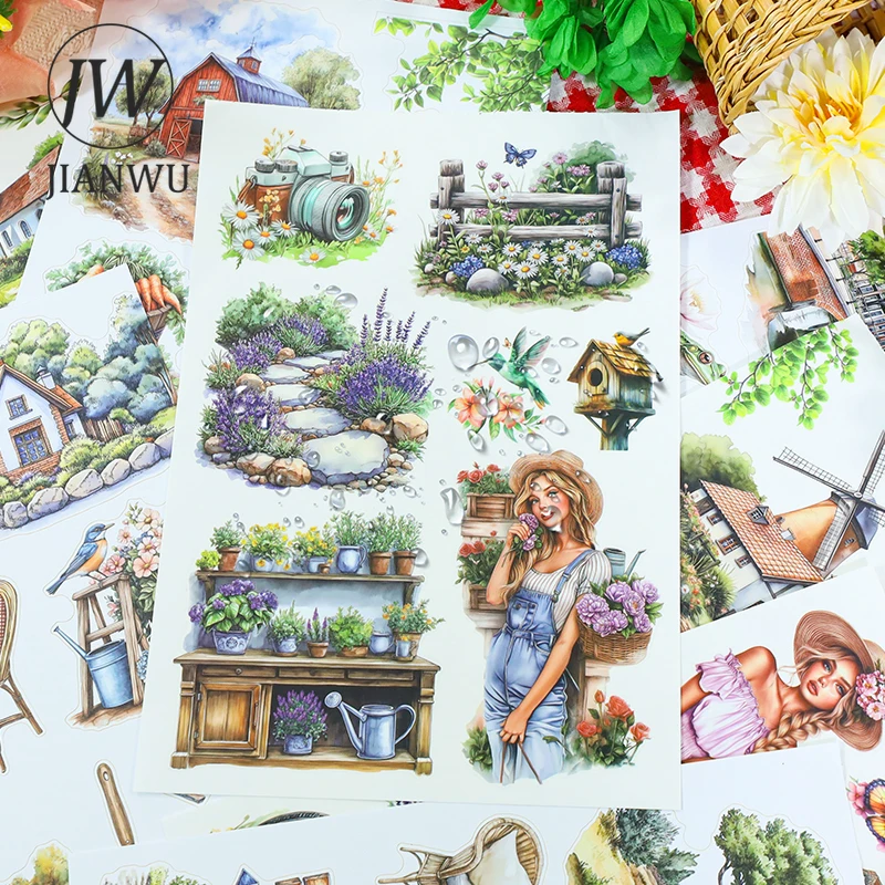 

JIANWU 20 Sheets/book Vintage Character Flower Garden Landscape Material Collage Sticker Book Creative DIY Journal Stationery