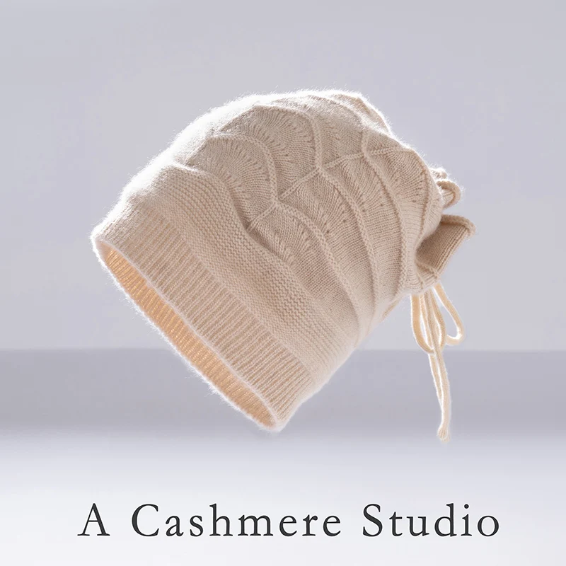 

Women's 100% Cashmere Pullover Hat Hollow Solid Knitted Pile Autumn/Winter Lazy Air-Cooled Drawstring Scarf Hat dual-use