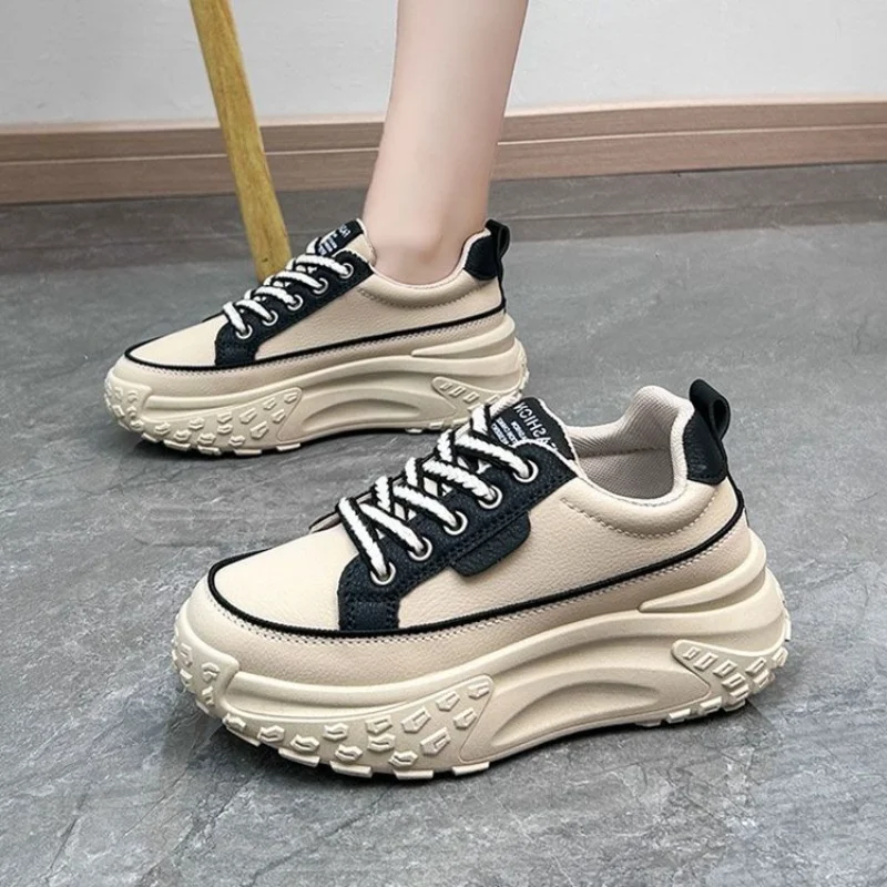Vintage Women Lace Up Platform Shoes Beige Navy Colorblock Thick Tire Sole Height Increasing Casual Daily Walking Sneakers
