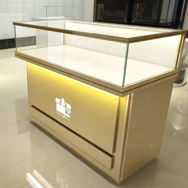 Desain Emas Lampu LED Engsel Kayu Tersembunyi Kunci Laci Pintar Lemari Dinding Set Perhiasan Showcase Digunakan Kabinet Tampilan untuk Toko