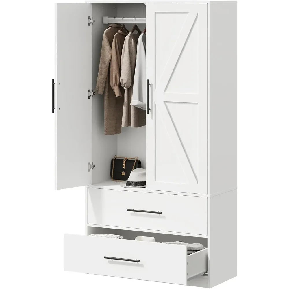 خزانة ملابس بذراع المزرعة مع أدراج وأبواب، خزانة ملابس خشبية مع قضيب معلق لتخزين الملابس