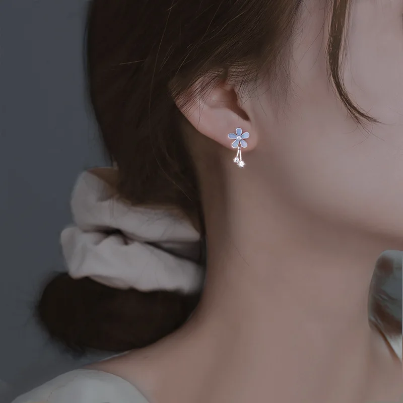 Cute Shiny 925 Sterling Silver Blue Enamel Tiny Zircon Daisies Stud Earrings for Women Girls Korean Summer Flower Jewelry Gifts
