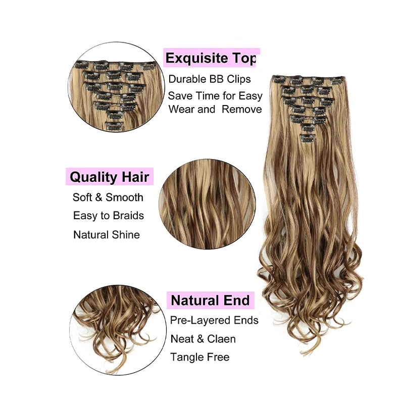 Clip in Hair Extensions for Women 22 Inch Long Wavy Curly Hair Extension Full Head Synthetic Hair Extension Hairpieces