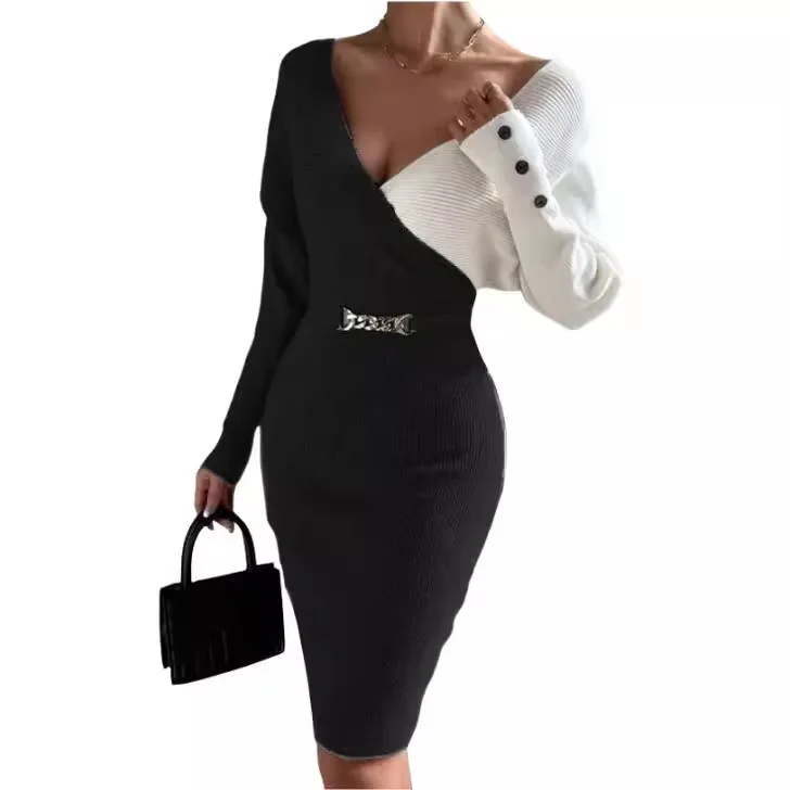 Women\'s Spring Summer Long Sleeved Fashion Splicing Print High Neck Sexy Split Waist Tight Wrap Hip High Waist Mid Length Dress