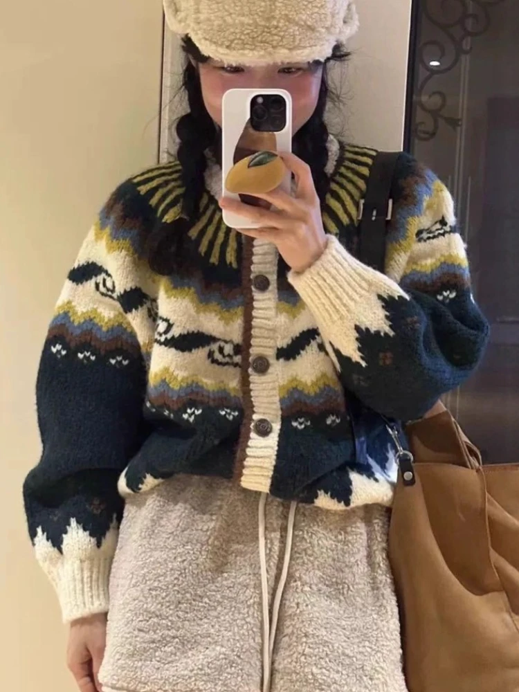 

Korean Fashion Sweaters Long Sleeve Jacquard Single Breasted Contrast Color Cardigan All Match Women Clothing Knit Tops 2025 New