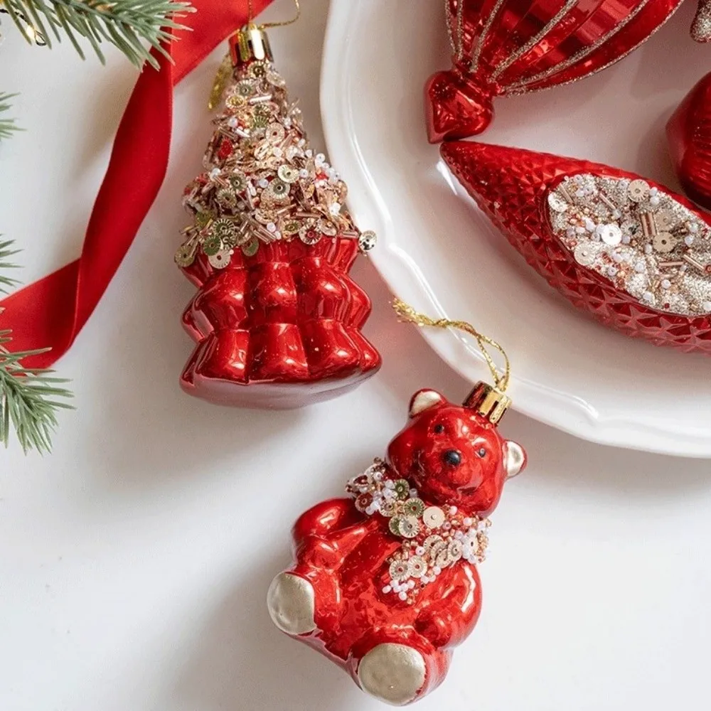 Ornamen Pohon Natal Merah Bentuk Acorn Plastik Berkilau Beruang Kecil Anti Pecah Kerajinan DIY Bola Gantung Natal