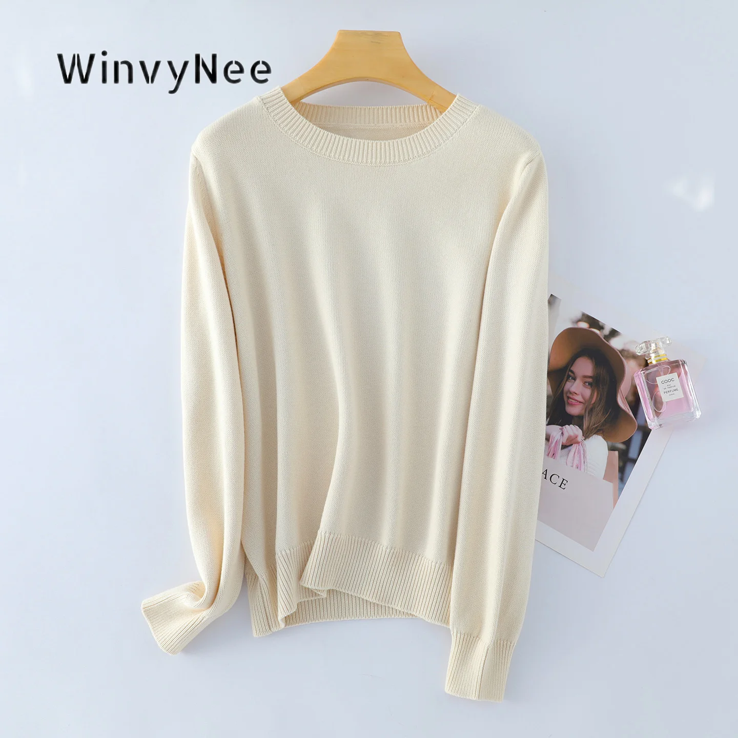 WinvyNee Women Pure Cotton Striped Crew Neck Long Sleeve Knit Pullover Casual Loose Sweater Fashion Spring Autumn Wear A1092047