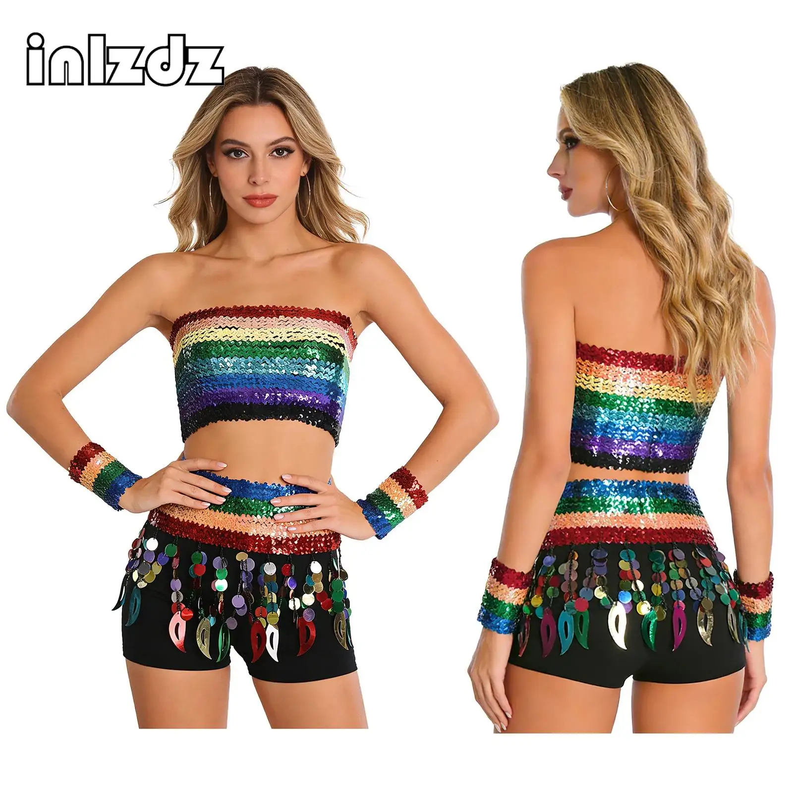 

Womens Sequins Disco Rave Jazz Dance Outfit Strapless Elastic Corset Crop Top+Wristbands+Miniskirt Sets for Musical Club Party