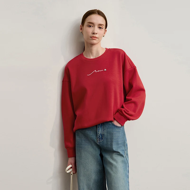 Amii Damskie Bluzy 2025 Zima Nowa Luźna Ciepła Bluza Damska z Długim Rękawem Haftowana Bluza Pulower z Okrągłym Dekoltem Top Damski 12524025