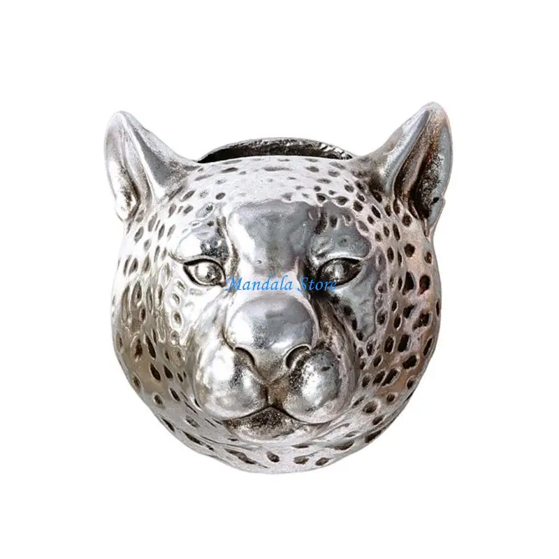U2JC Decorative Leopard Head Hanging Planter Handcrafted Resin Flower Pot Fashion Leopard Themed Wall Mounted Flower Pot for