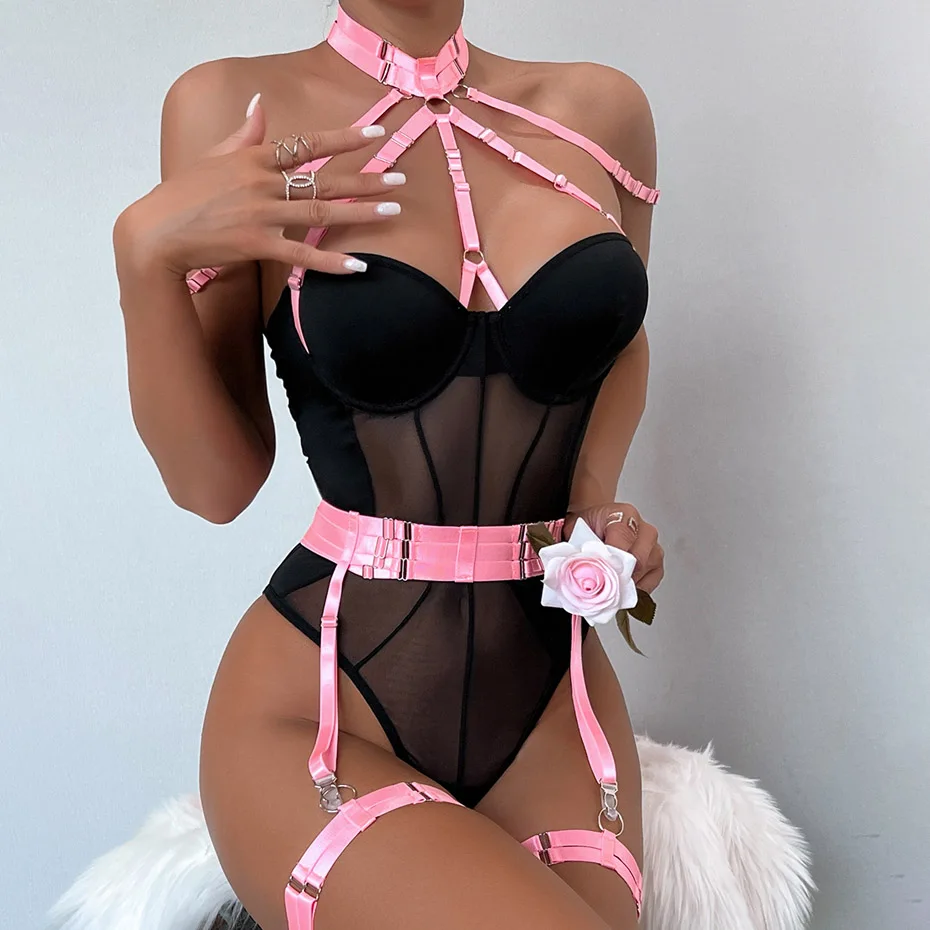 JSY Sexy​ Lingerie Women Body Underwear Halter Lace Bodysuit Bondage Teddy Nightgown Open Crotch Erotic Lingerie Porno Costumes