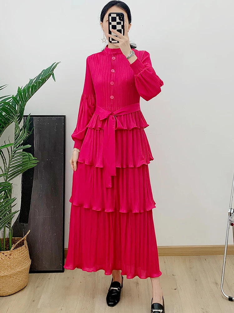 LANMREM Ruffle Pleated Long Dress Women Lantern Sleeves Buttons Fashion Dresses Female Festival Clothing 2024 Autumn New 2DA4111