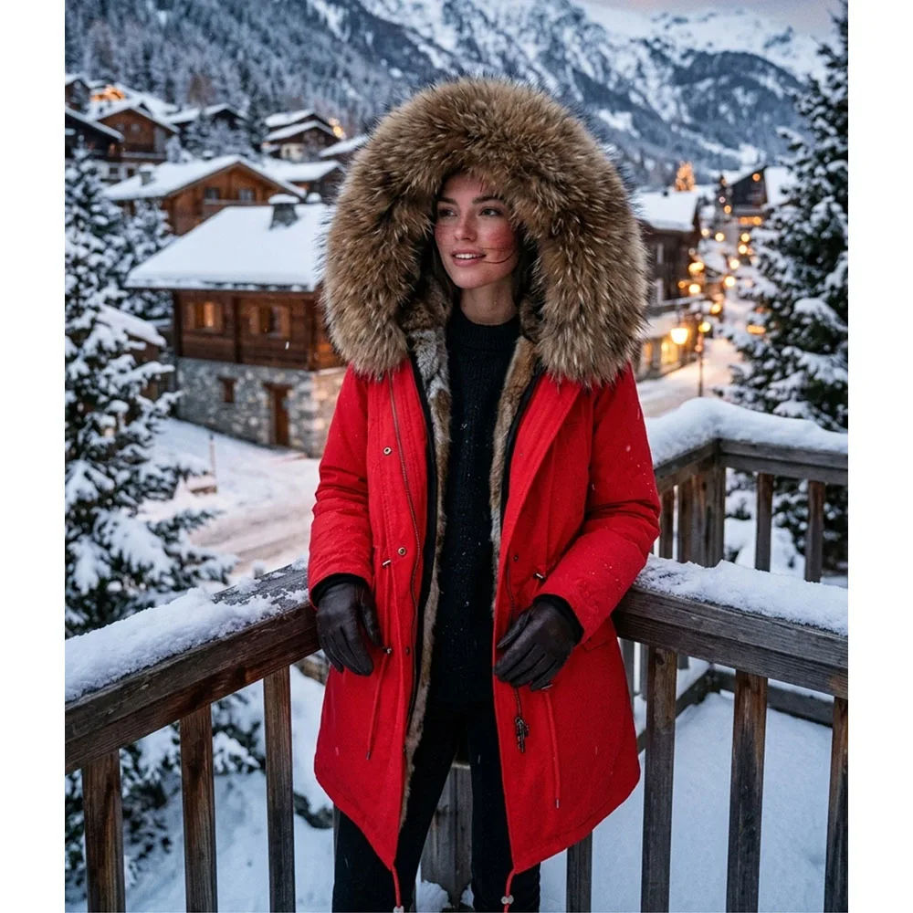 MAOMAOKONG Real Raccoon Fur Collar Winter Women's clothing Removable Rabbit Fur Lining Thickened Red Jacket Long Parkas