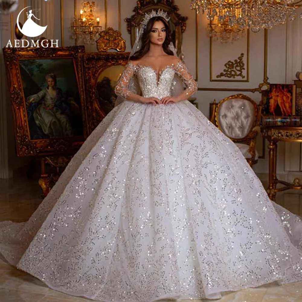 Aedmgh Ball Gown Royal Wedding Dresses 2024 Sweetheart Long Sleeve Robe De Mariee Lace Sequined Glitter Luxury Vestido De Novia