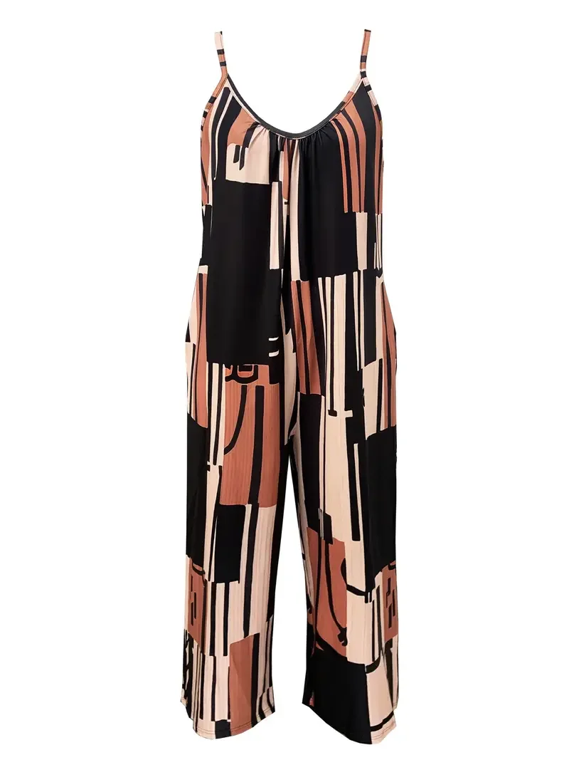 Plus Size Colorblock Jumpsuit - Wide Leg, Chic Geometric Design, Pockets, Easy-Care Knit for  Summer