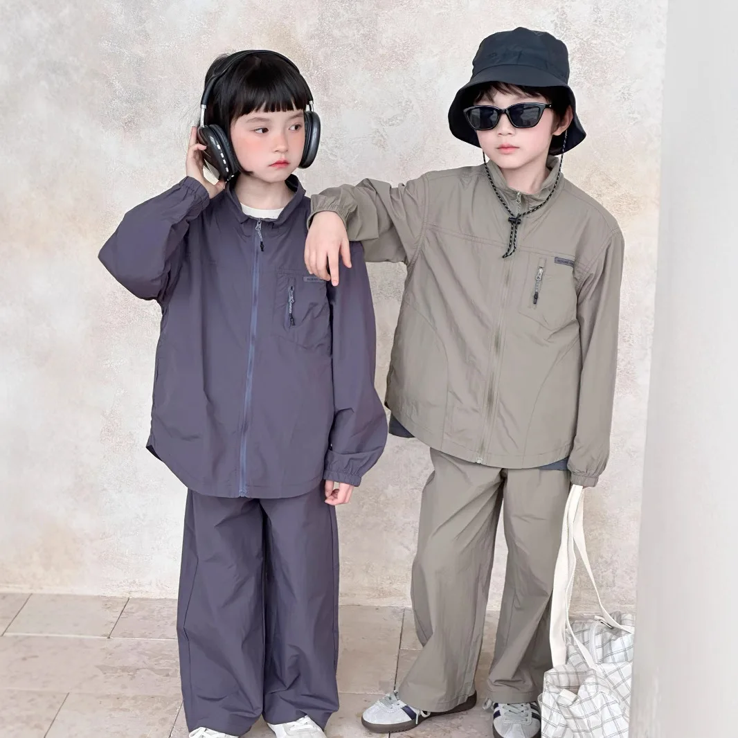 2025 Summer New Korean Children's Outdoor Clothing Camping Windproof Set for Boys and Girls Thin Sunscreen Two Piece Set Trendy