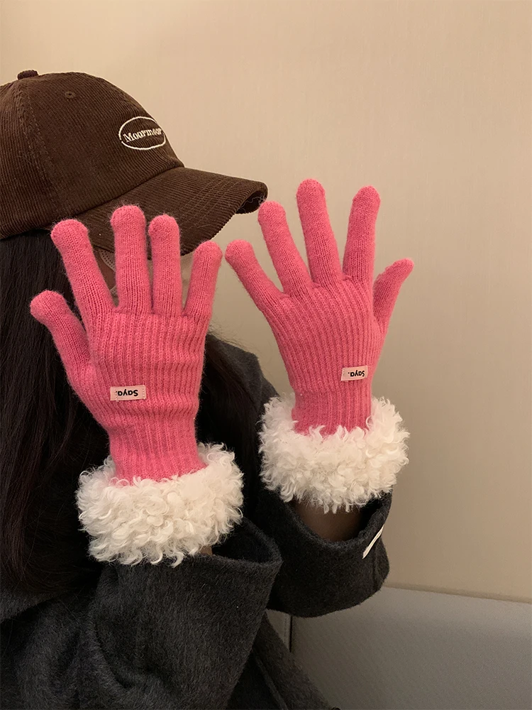 Women's Winter Knitted Glove with Furry Edges Touch Screen Compatible Cycling Five Finger Separate Windproof And Cold Resistant