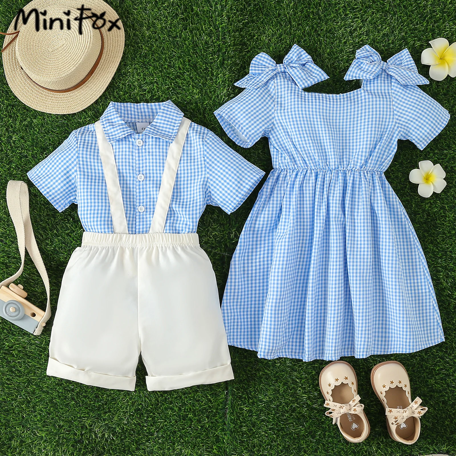 MiniFox Brother and Sister Matching Outfits Bowknot Blue Girl Dresses Boys Shirt and Suspender Shorts Sets For Boys Clothes