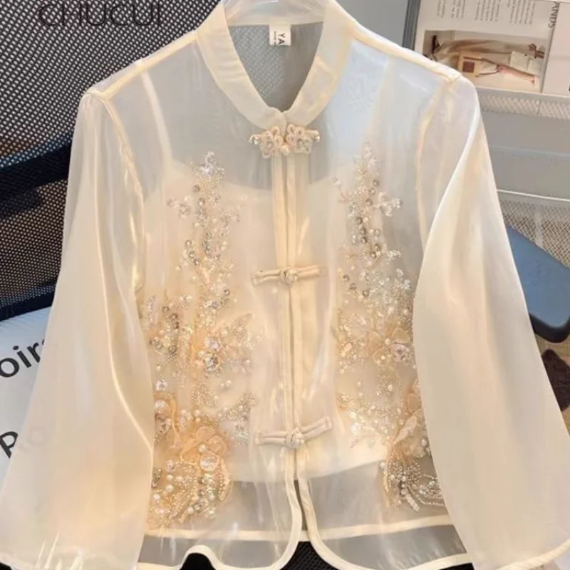 

Women's Long-sleeved Round Neck Beaded Flower Embroidered Mesh Fashionable Casual Elegant T-shirt Top