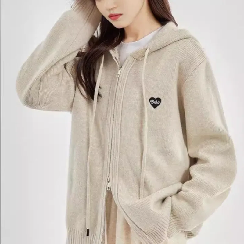 

New Autumn Winter Knitted Women's Zip Up Hoodie Korean Fashion Casual Loose Hoodies Jacket for Women Sweatshirt Y2k Streetwear