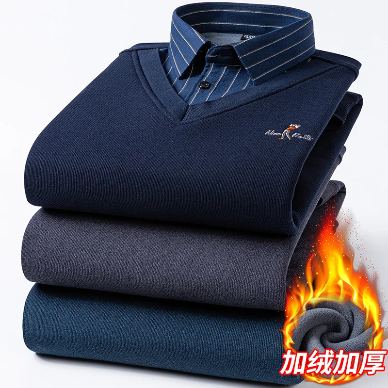 Męska koszula z długim rękawem pogrubiona ciepła dzianina fałszywe dwa wysokiej jakości jesienno-zimowa moda wygodna wszystko na ulicy