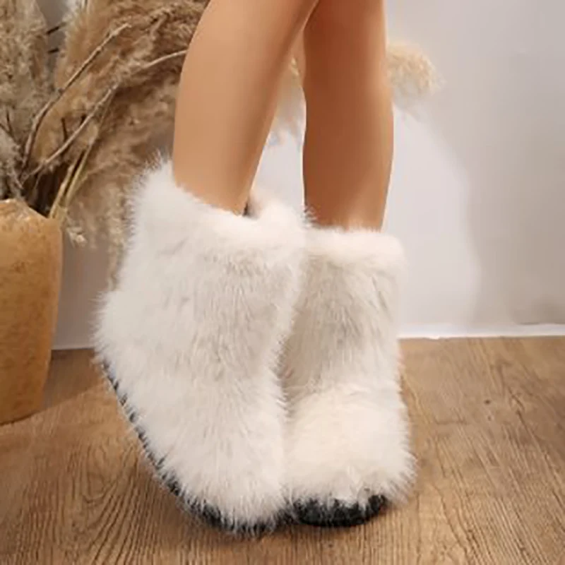 Winter Women Fluffy Warm Snow Boots Fashion Slip On Largas Booties Ladies Comfort Outdoor Flats Cotton Shoes