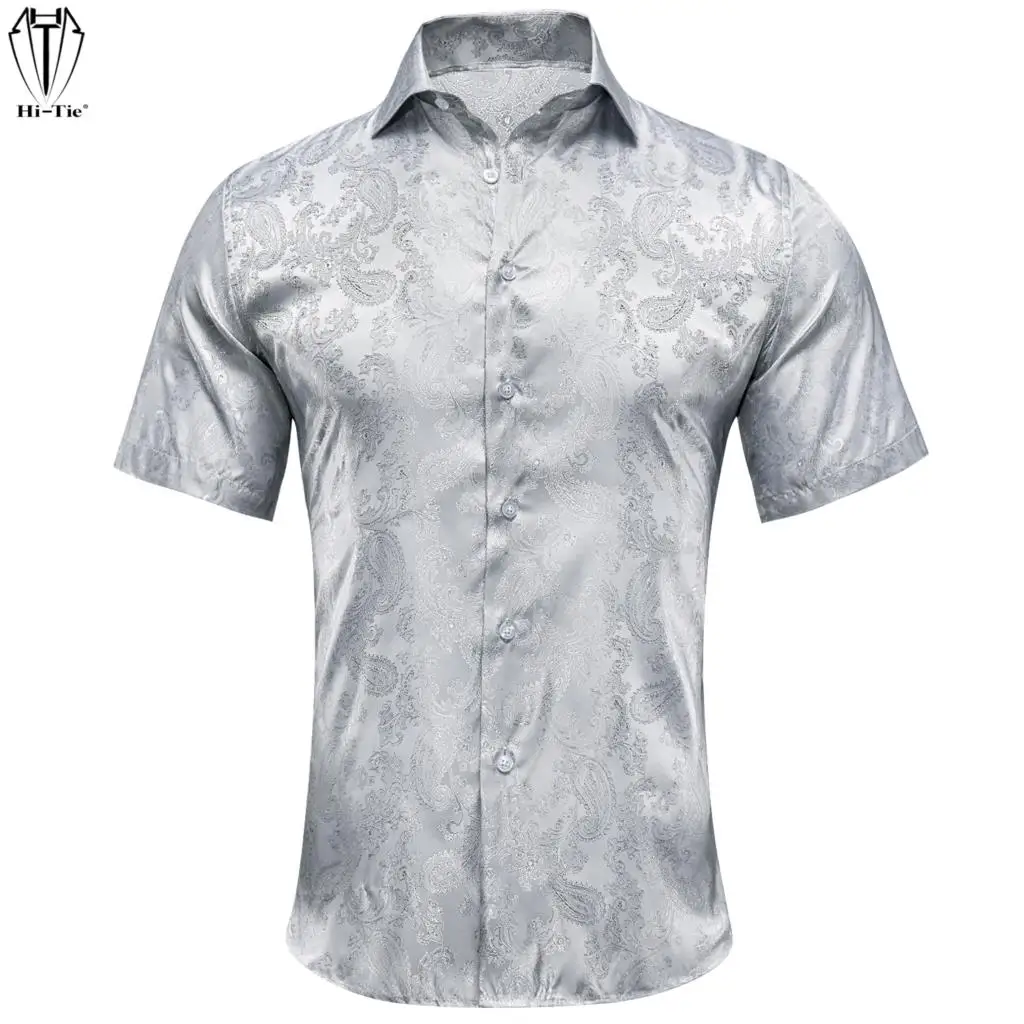 

Hi-Tie Short Sleeves Silver Mens Shirts Jacquard Silk Paisley Spring Summer Elegant Hawaiian Shirt For Male Wedding Business XXL