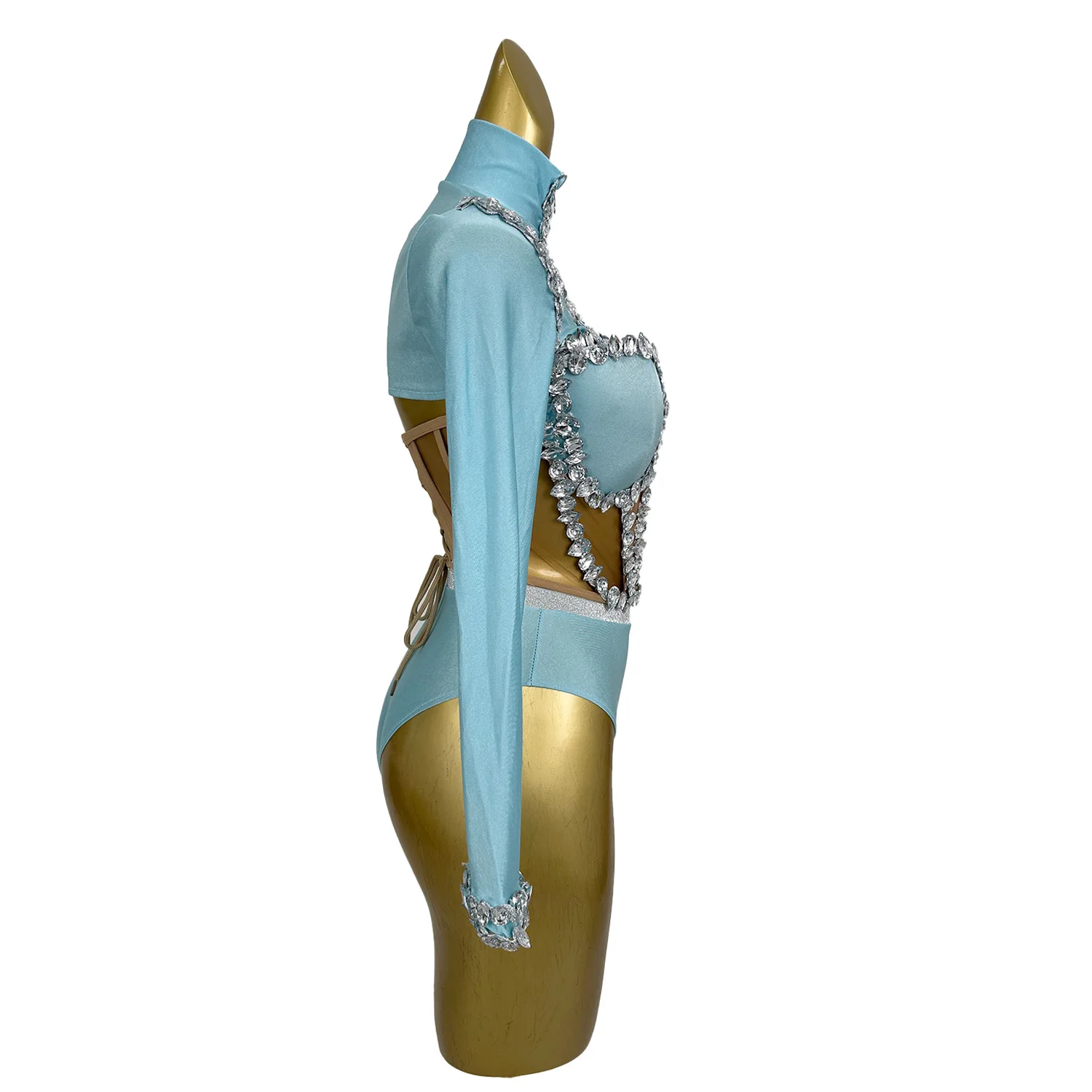 Sexy Strapless Rhinestone Tops Zipper Jacket High-waist Shorts 3-Pieces Sets Party Nightclub Performance Costume Jianmei