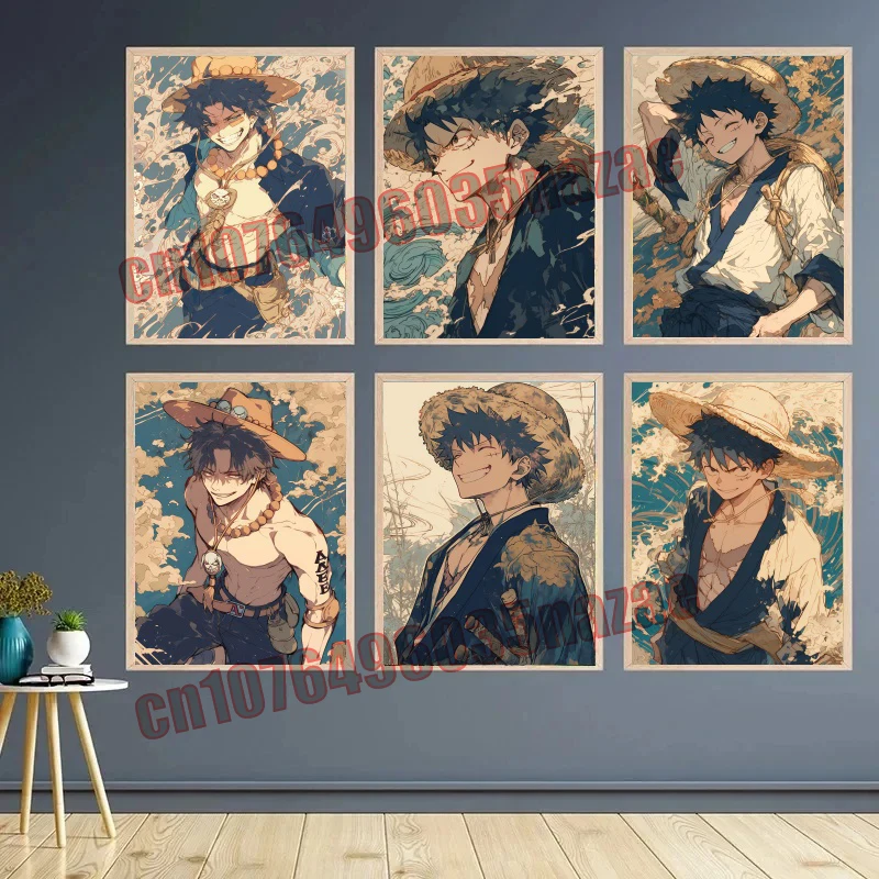 

Japanese Anime One Piece Retro Poster Luffy Zoro Ace Retro Canvas Painting Mural Home Wall Aesthetic Decorative Oil Painting