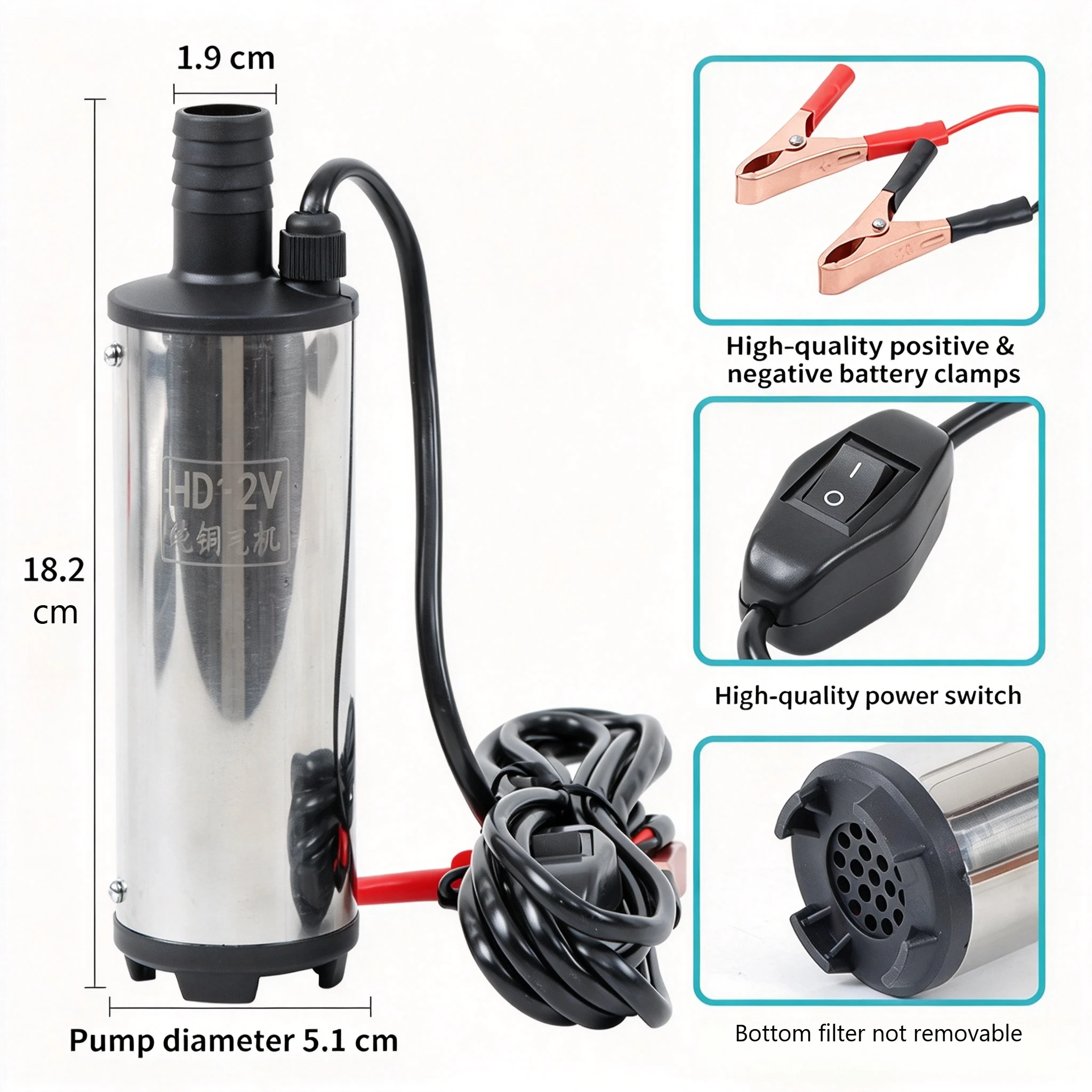 DC 12V Oil Diesel Fuel Pump Electric Submersible Pump Stainless Steel Mini Transfer Car Oil Kerosene Pump Suction 12L 30L/min