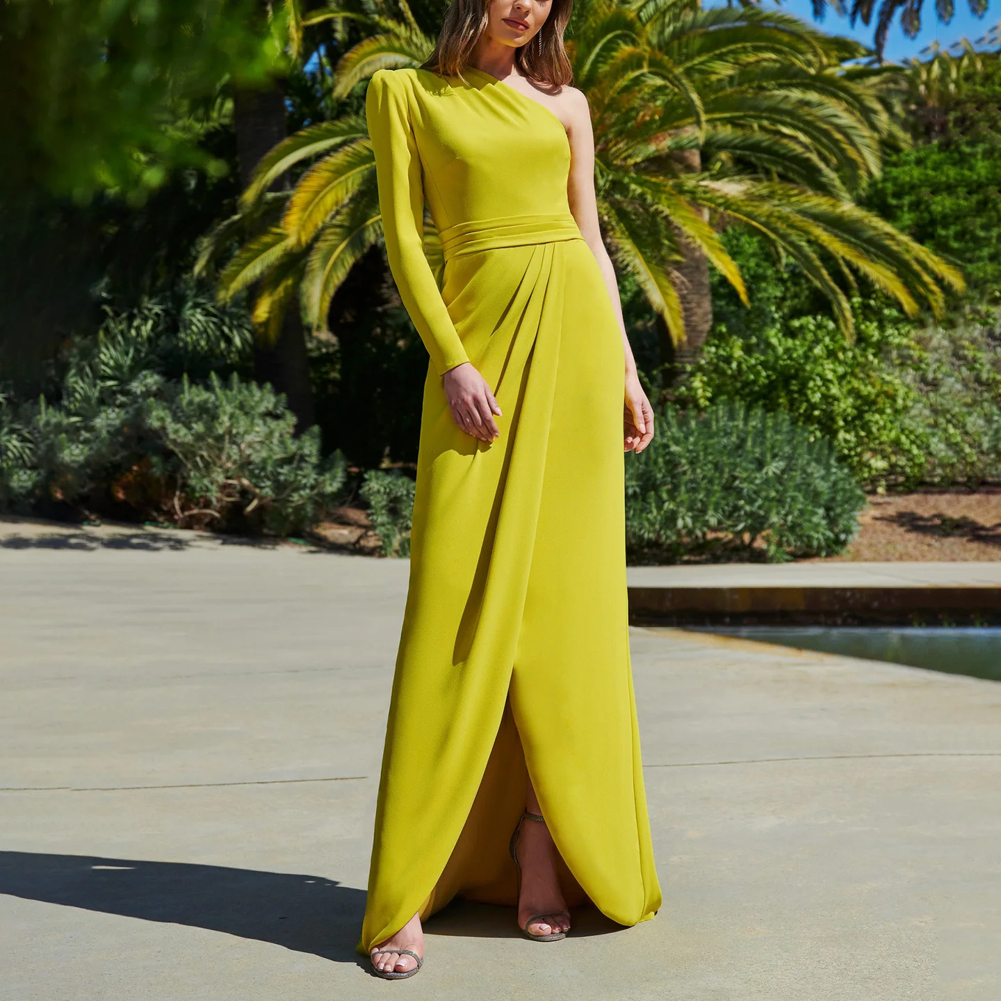 Folobe modesto amarelo verde vestidos de noite um ombro plissado sereia vestidos de noite para mulheres vestido de casamento sereia personalizado